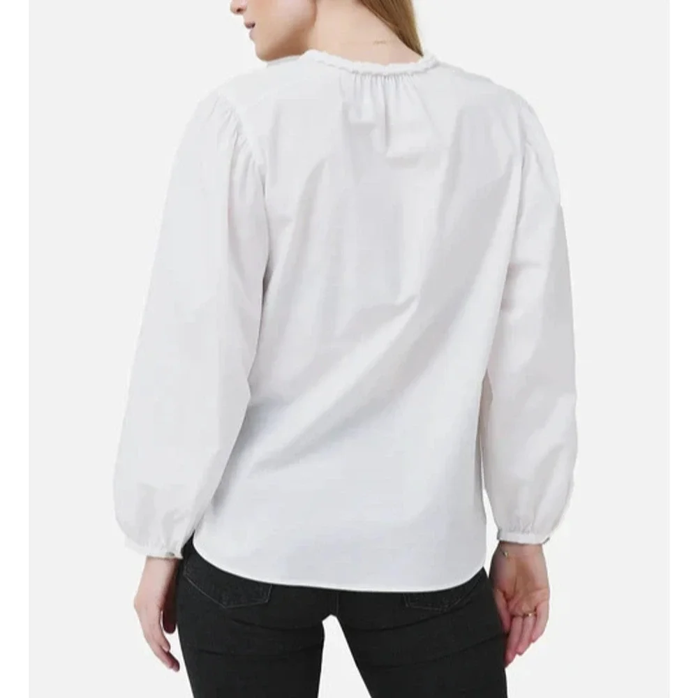 Vince Women's Braid Trim Band Collar Blouse White Button up Top Deep V-Neck XL - Picture 9 of 16